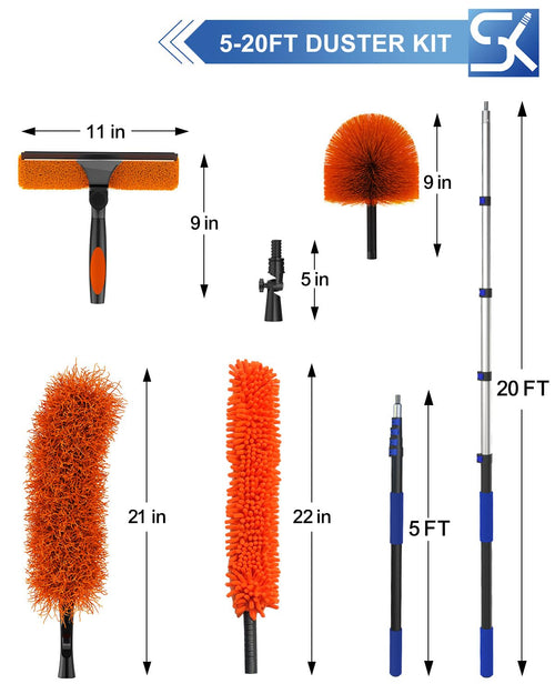 26 Foot High Reach Duster Kit with 5-20 ft Telescoping Extension Pole, High Ceiling Duster, Cobweb Duster, Window Squeegee, Feather Duster, Outdoor & Indoor Extendable Duster Cleaning Kit
