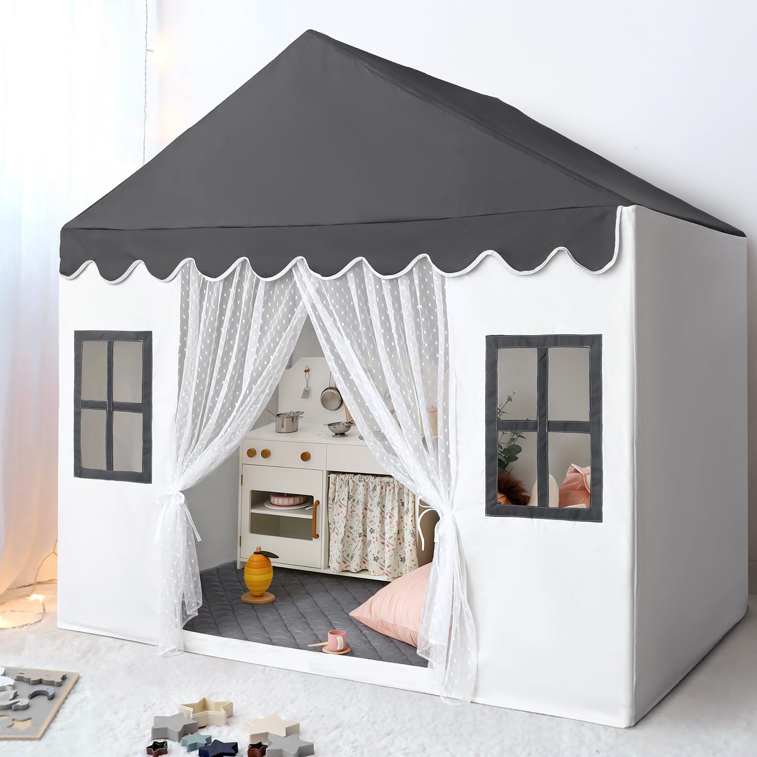 Kids Play Tent with Mat, Large Playhouse Play Tent Indoor for Girls Boys | Kids Play Playhouse Tent Ages 4-8 for Toddlers Children Boy Girl Play House Toy Birthday Gift, Washable, 57" x 35.5" x 53"