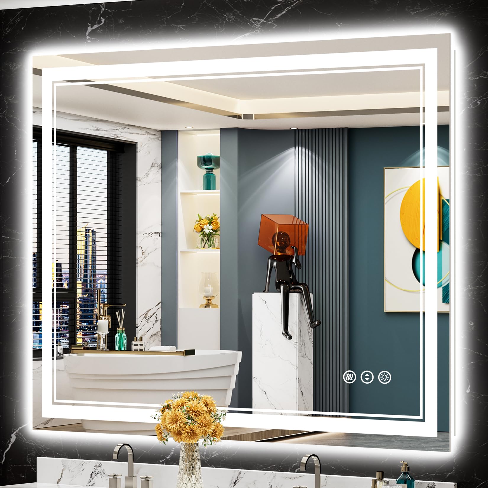 24x32 Black Framed LED Bathroom Mirror with Lights, Backlit and Front Lit Anti-Fog Lighted Vanity Mirrors for Bathroom Wall, Dimmable, 3 Colors, Memory, HD Tempered Glass, Horizontal/Vertical