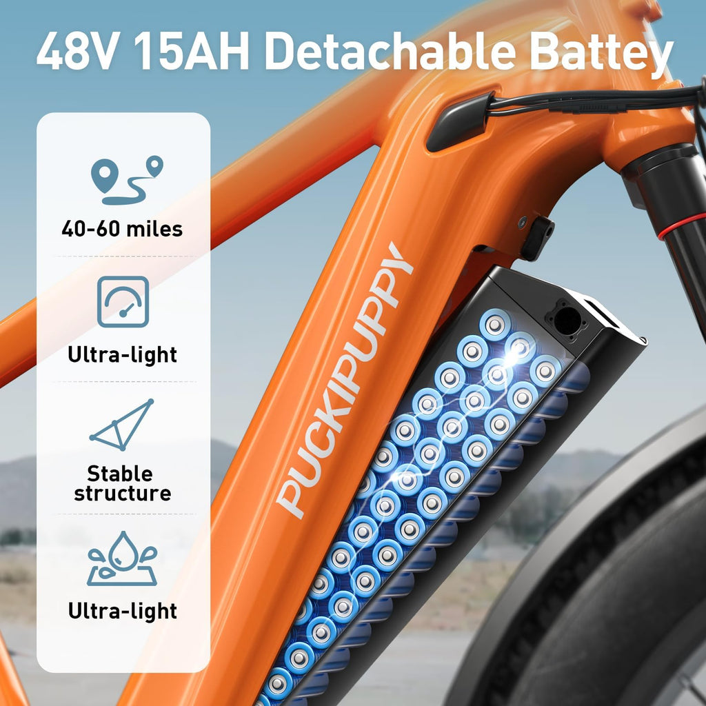 PUCKIPUPPY Electric Bike for Adults with 960W(Peak), 26" Fat Tire Electric Mountain Bike, 48V 15AH Removable Battery Ebike, 28MPH Aluminum Frame E Bike with Rear Storage Shelf