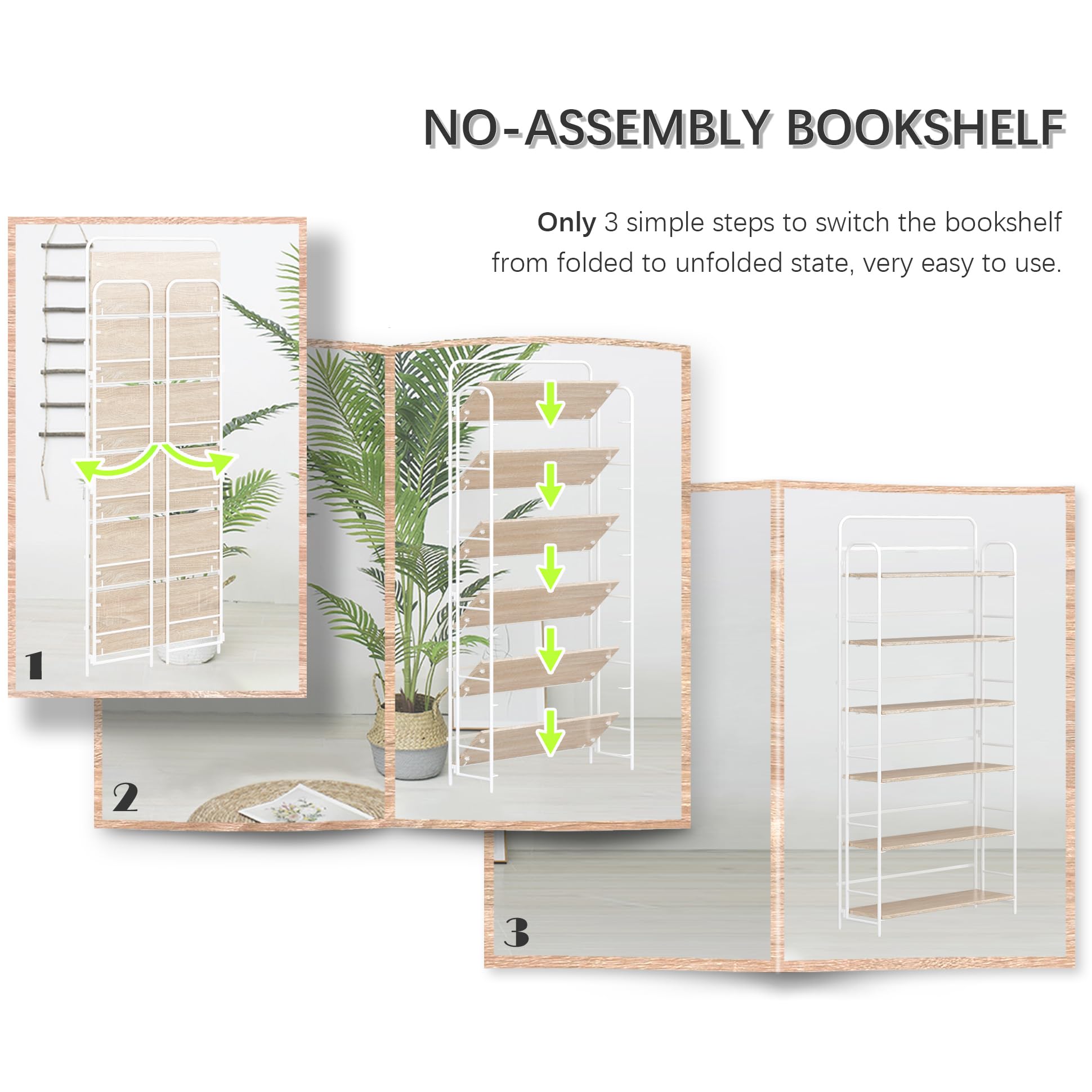 4NM No Assembly Folding Bookshelf, 3 Tiers Collapsible Book Shelves Open Industrial Foldable Storage Bookcase Shelf for Bedroom, Living Room, Home Office - Natural and White