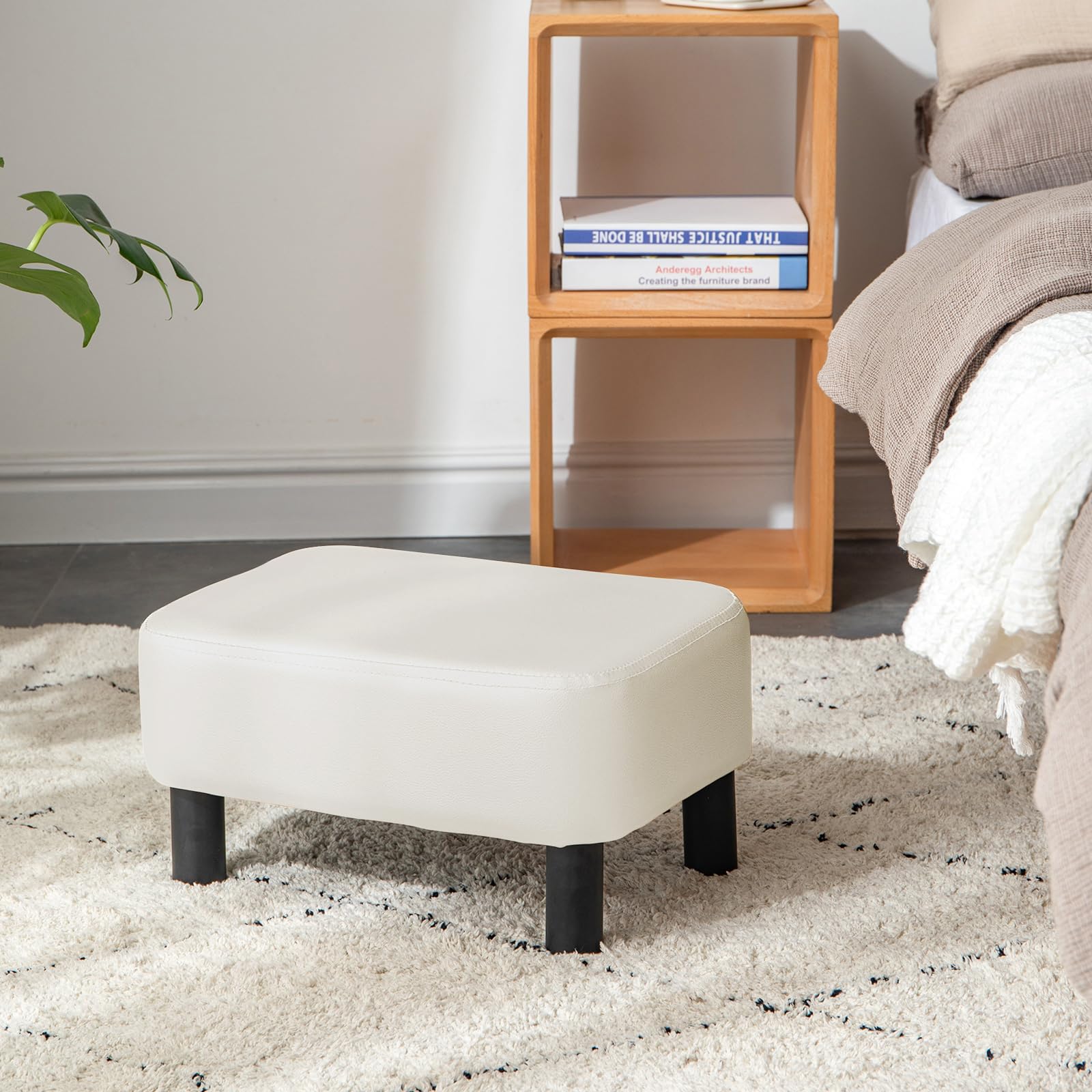 IBUYKE 16.54" Small Footstool, PU Faux Leather Step Stool, with Padded Seat Pine Wood Legs and Padded Rectangular Stool, for Bedroom, Black RF-BD210