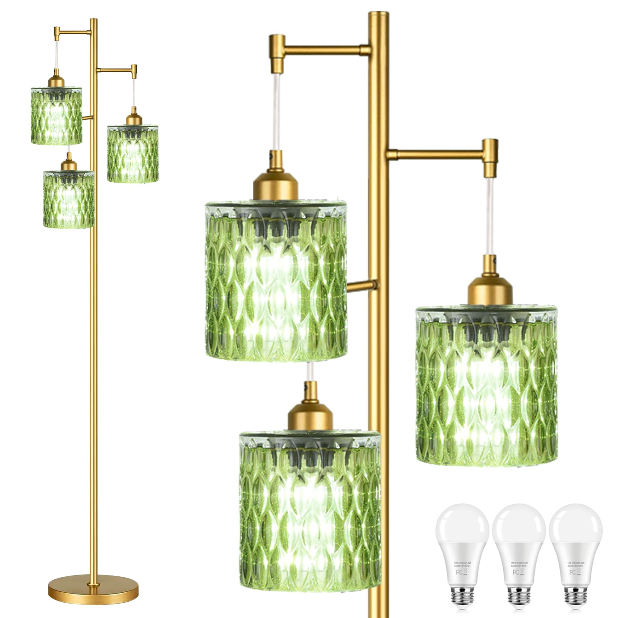 AHDWDW Gold Floor Lamp for Living Room Bedroom,Modern Floor Lamps with Unique Amber Glass Shades,68IN Mid Century Tall Flower Standing Lamp,Vintage 3 Lights Tree Floor Lamp for Corner Office Reading