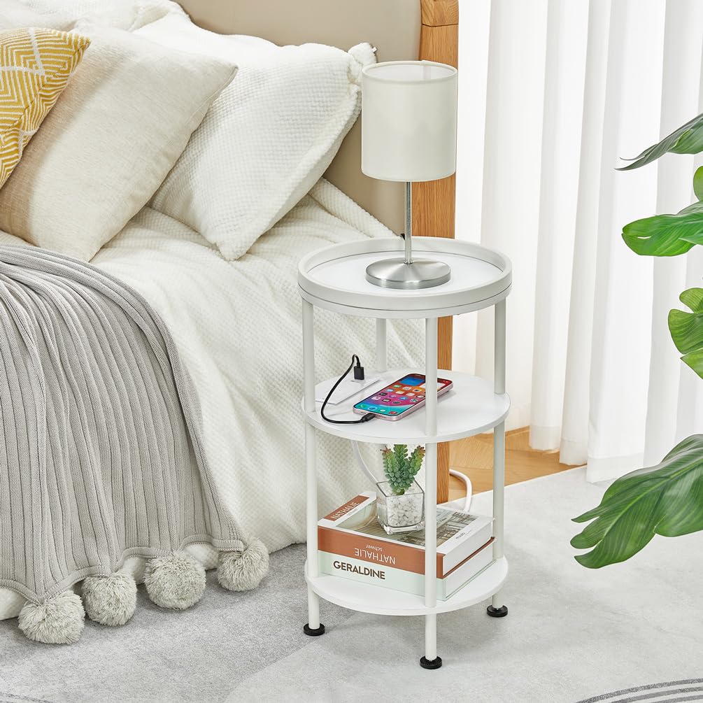 Small Round Side Table with Charging Station for Small Spaces, 3-Tier Accent Table with USB Ports & Power Outlets, Sofa Corner Tea Table for Living Room Nightstand Bedroom Apartment (Black)