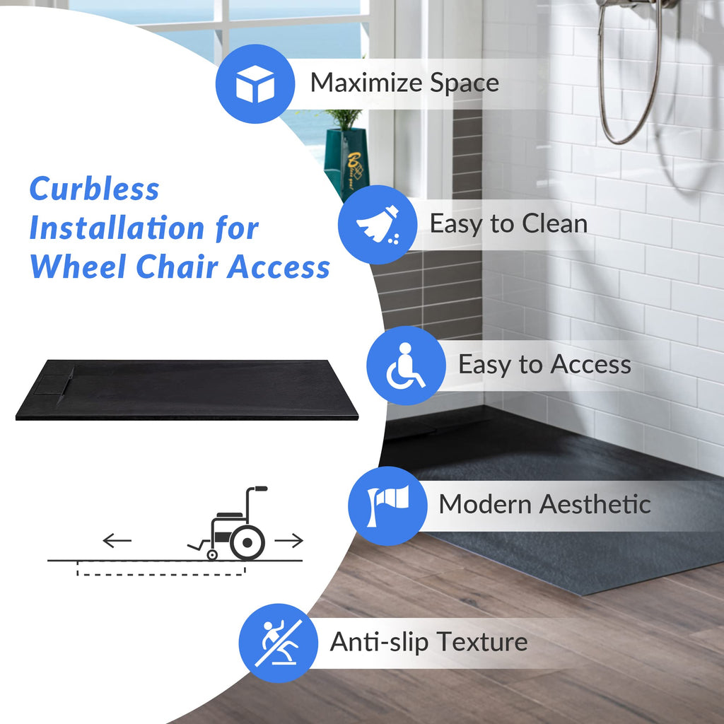 WOODBRIDGE 47.25 in L x 31.5 in W Zero Threshold Shower Base with Center Drain, Decorative Drain Plate, Tile Flange, Wheelchair Access, Low Profile, Black