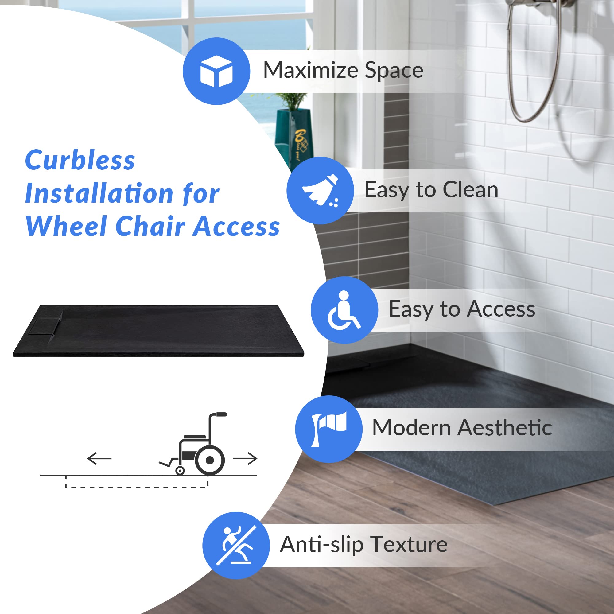 WOODBRIDGE 47.25 in L x 31.5 in W Zero Threshold Shower Base with Center Drain, Decorative Drain Plate, Tile Flange, Wheelchair Access, Low Profile, Black