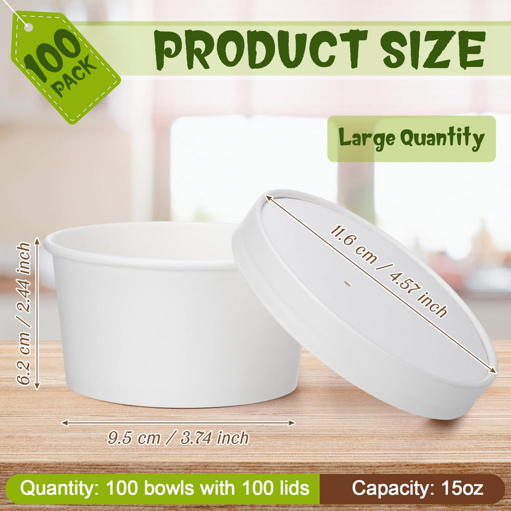 Fulmoon 100 Pack Paper Soup Containers with Lids Disposable Paper Food Containers with Vented Lid Kraft Ice Cream Cake Dessert Cups Soup Bowl for Party Hot Food Fruit Microwave(4 oz,Brown)