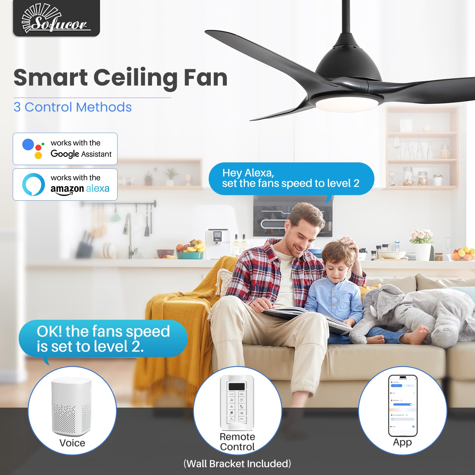 Sofucor 52 Inch Outdoor Ceiling Fans with Lights, Modern Ceiling Fan with 3 Plastic Blade, Quiet, Dimmable, High 7000CFM 6-Speed 3-Timer Reversible DC Motor, for Bedroom Living Room, ETL, Black