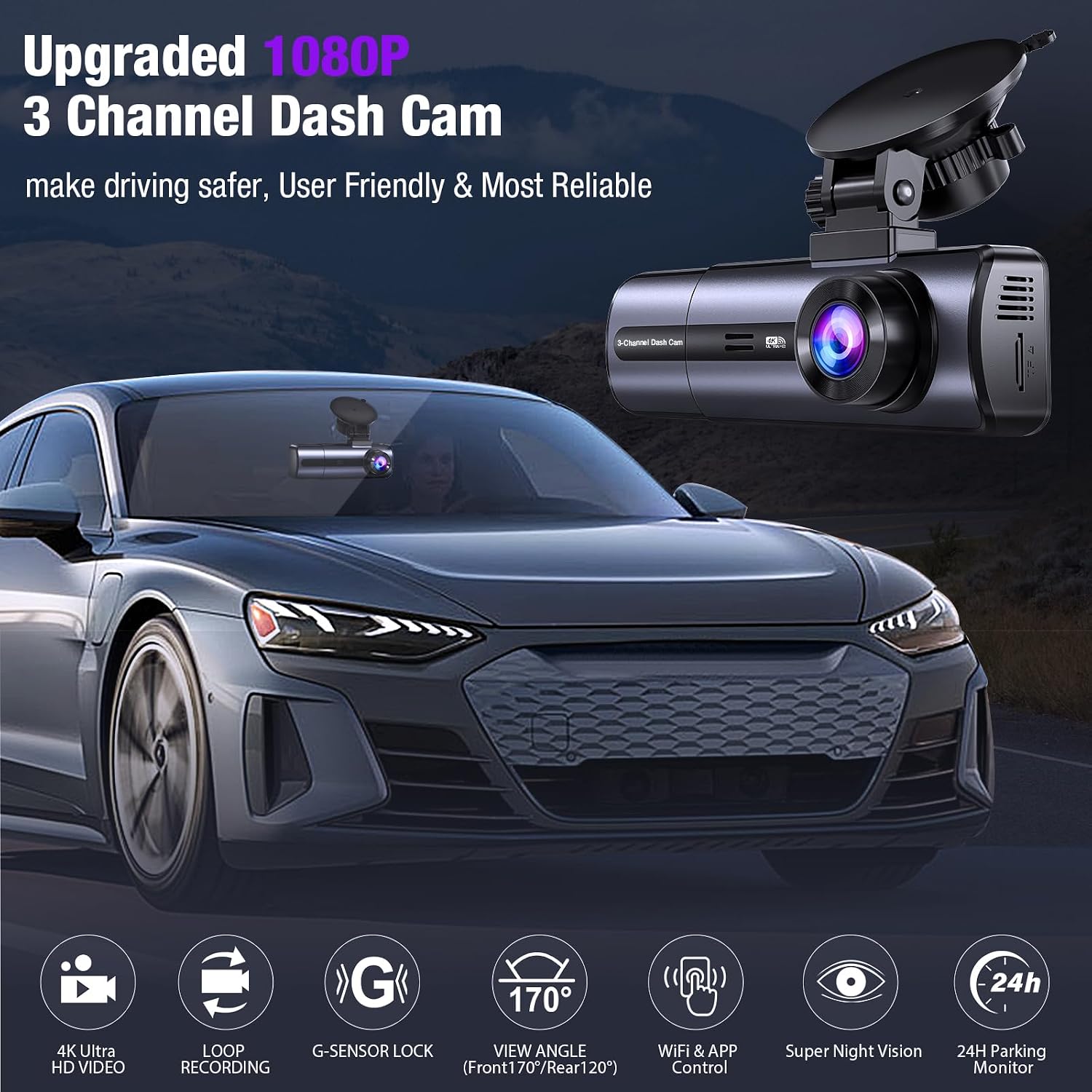 3-Channel 4K Dash Cam with WiFi, 4K+1080P+1080P Front/Inside/Rear, Night Vision, Parking Mode, 64GB Card Included
