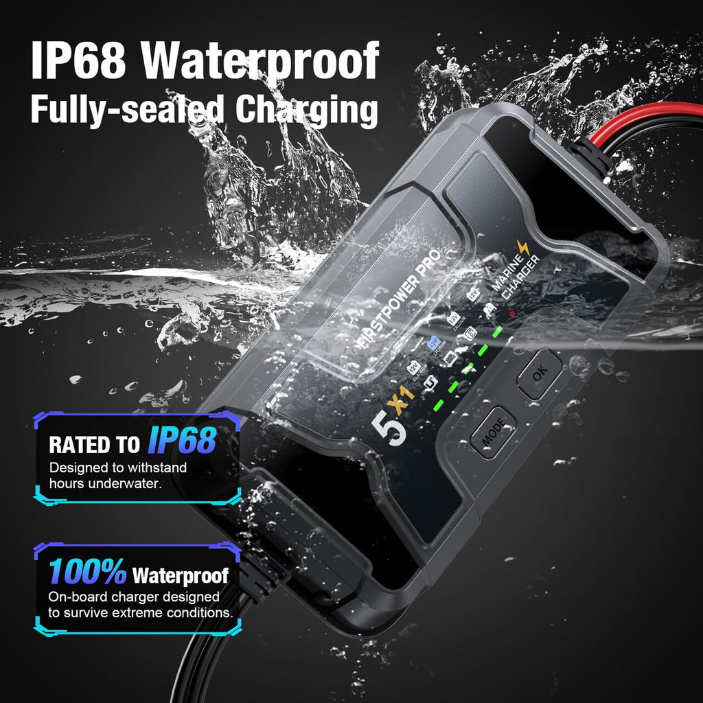 Marine Battery Charger 5X1: 1-Bank, 5A Onboard Battery Charger - 5A Per Bank, 12V Waterproof Boat Batter Charger for SLA/AGM, Lithium, Calcium - Charged 24/7