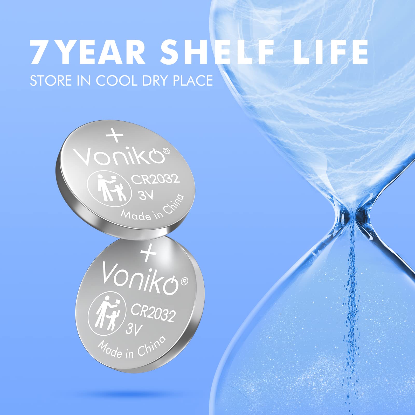 Voniko CR2032 3V Lithium Batteries 6 Pack for Child Safety, Compatible with AirTag, Key Fobs, Thermometers, Scales – 7 Years Shelf Life