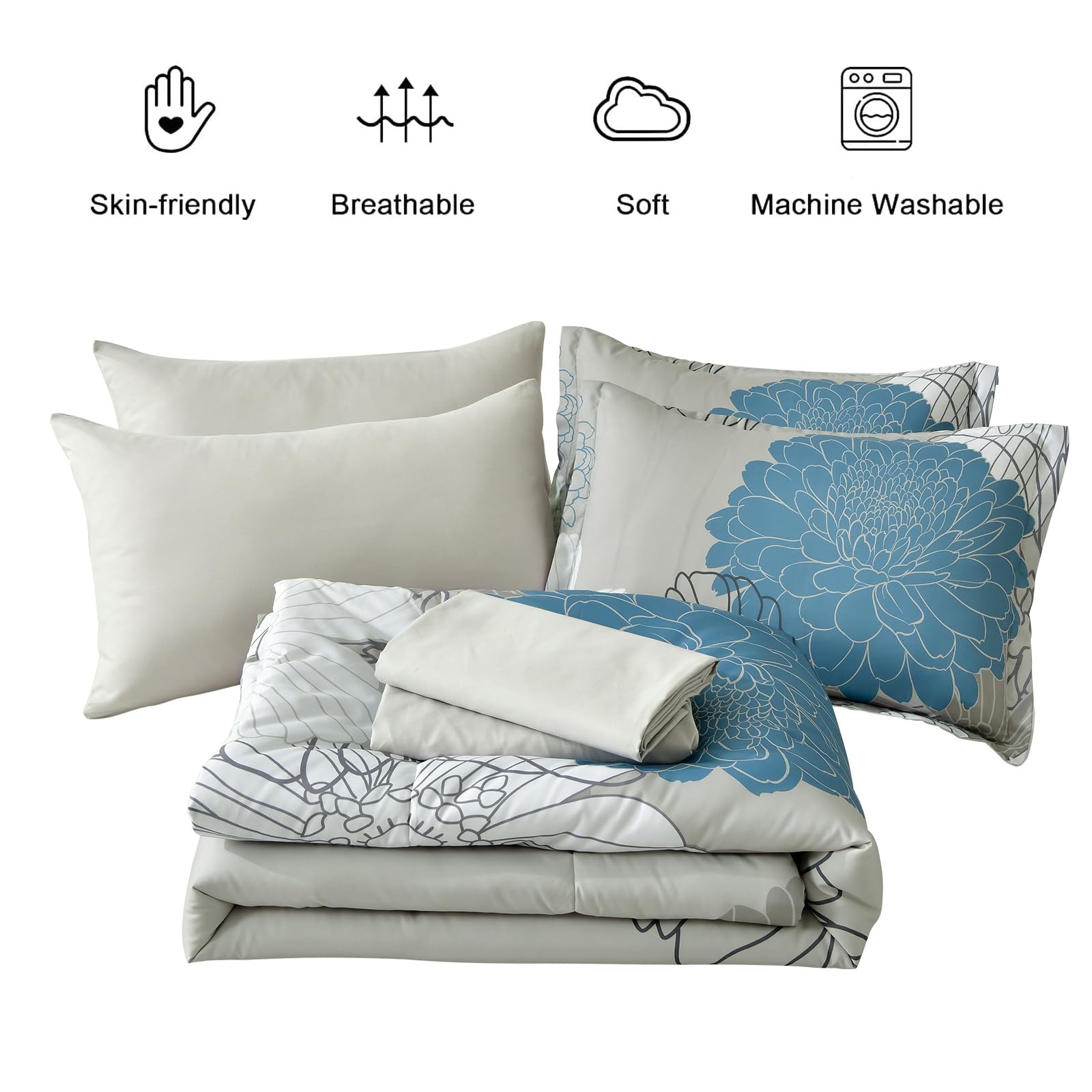 Yiran 7 Pieces Bed in a Bag Blue Floral Comforter Set Queen Size Flowers Comforter Set Soft Microfiber Bedding Set (1 Comforter 1 Flat Sheet 1 Fitted Sheet 2 Pillowshams 2 Pillowcases)