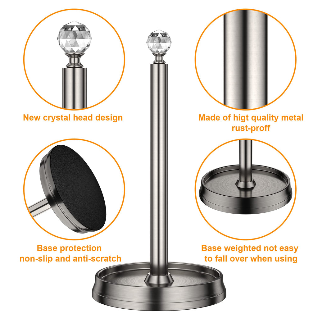 KASUNTO Paper Towel Holder with Crystal Ball - Steel Countertop Stand, Fits Standard & Jumbo Rolls, Brushed Nickel