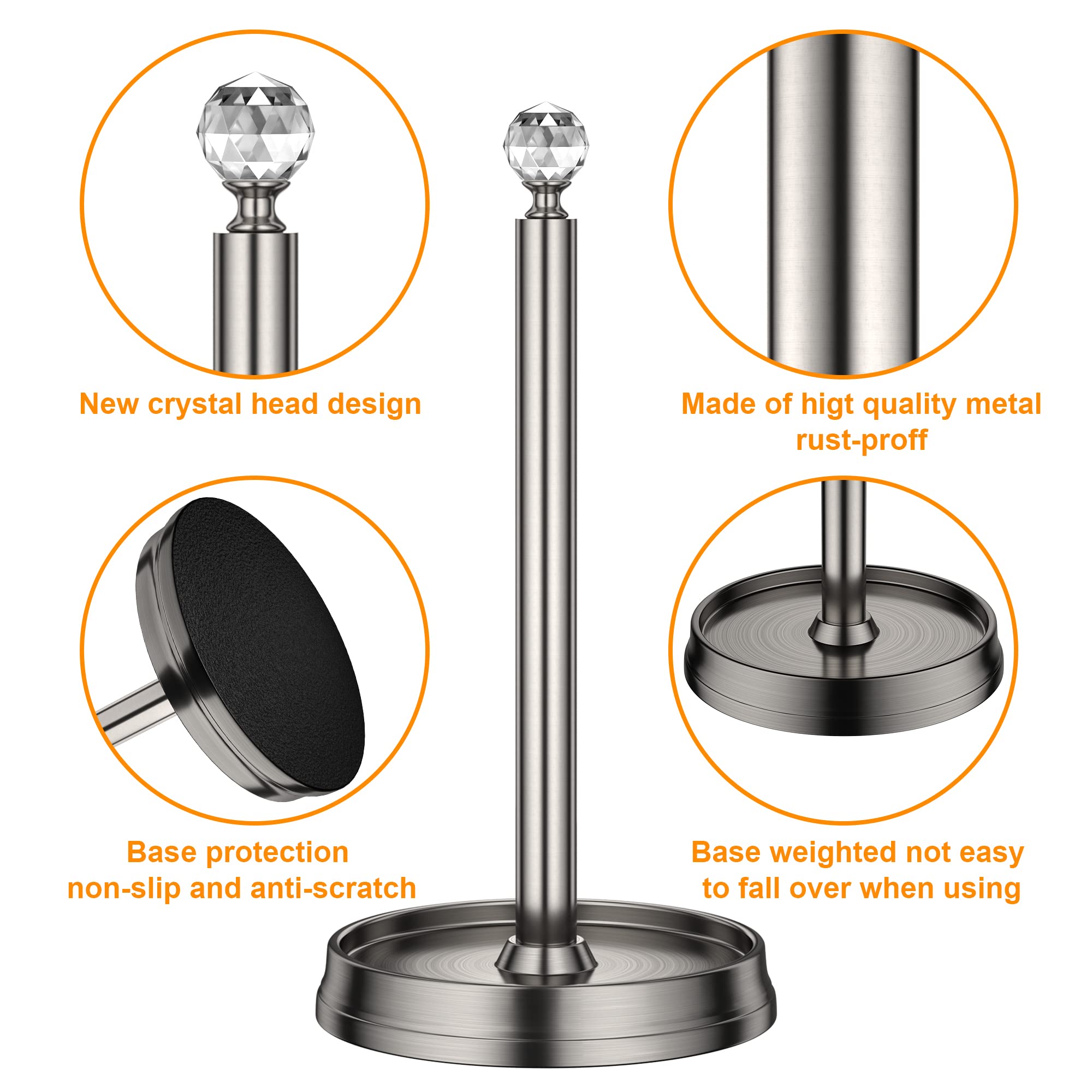 KASUNTO Paper Towel Holder with Crystal Ball - Steel Countertop Stand, Fits Standard & Jumbo Rolls, Brushed Nickel