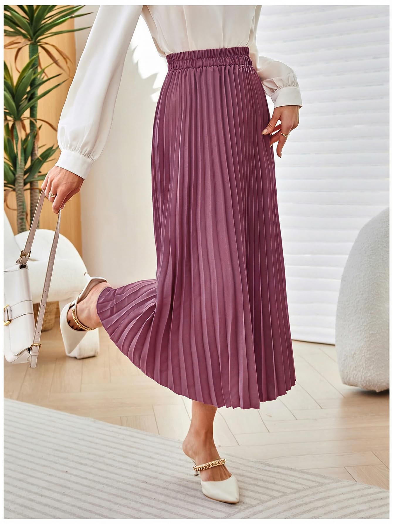 SweatyRocks Women's Casual Solid Longline Pleated Long Skirt