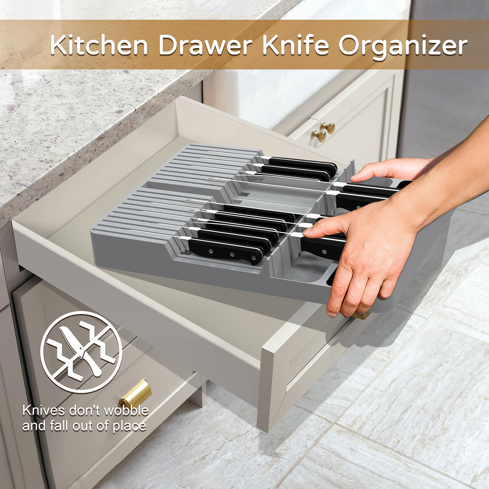 NIUXX Bamboo In-Drawer Knife Block Set for 9 Knives(Not Included), Large Kitchen Detachable Washable Cutlery Slot Organizer Storage Holder for Sharpening Steel and Cutter