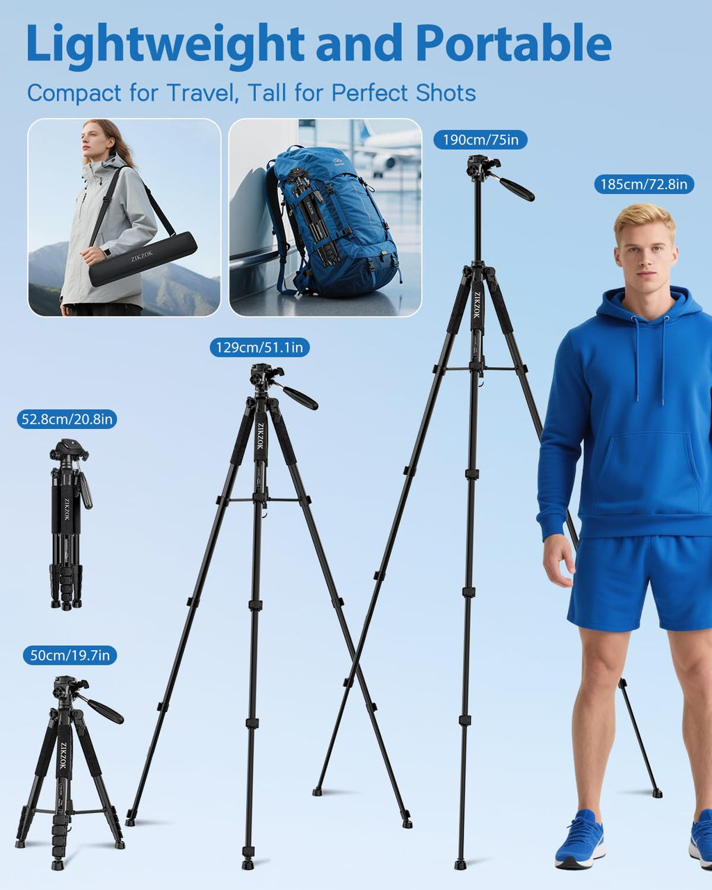75" Camera Tripod, Aluminum Heavy Duty Camera Stand for ipad Phone, Travel Tripod with/Carry Bag/Phone Tablet Holder, Compatible with Canon Nikon Sony DSLR, Spotting Scopes, Max Load 15 Lb(Black)