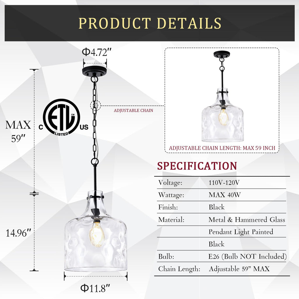 Glass Large Pendant Lights for Kitchen Island Blown Glass Pendant Light Clear Hammered Shade Hanging Ceiling Lights with Black Finish for for Kitchen Island, Sink, Hallway, Living Room 11 inch