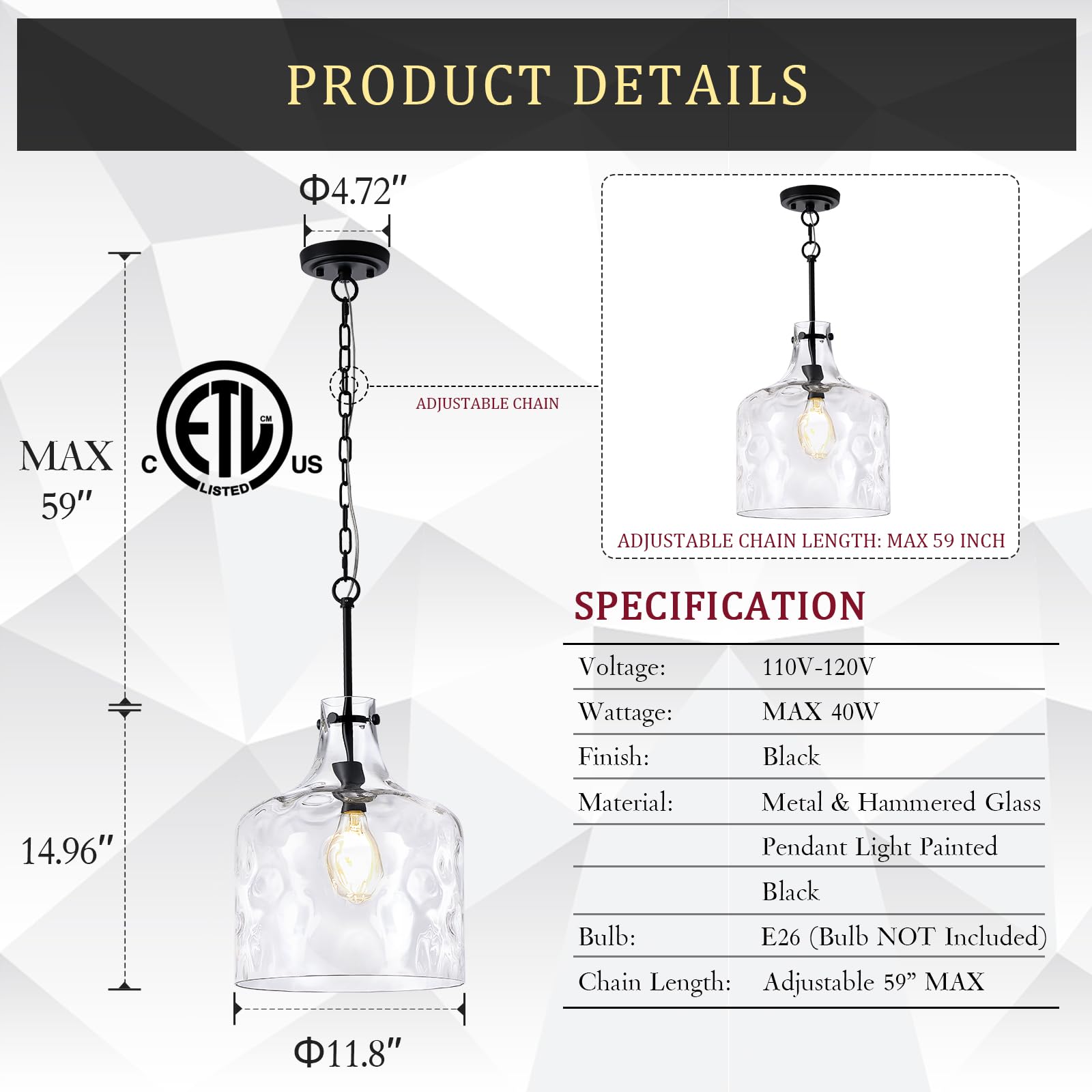 Glass Large Pendant Lights for Kitchen Island Blown Glass Pendant Light Clear Hammered Shade Hanging Ceiling Lights with Black Finish for for Kitchen Island, Sink, Hallway, Living Room 11 inch
