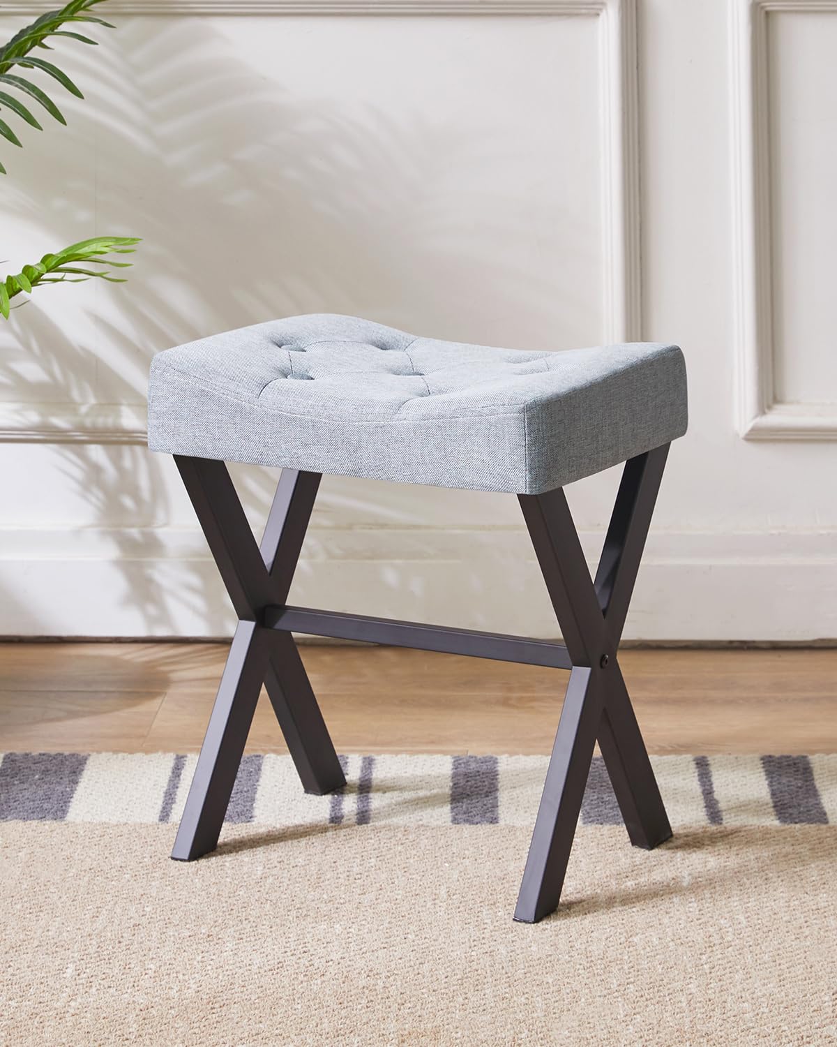 IBUYKE U-Shaped PU Vanity Stool, Square Makeup Chair with X-Leg, Ottoman Seat Footrest Stool, Multi-Use as Small Side Table, for Bedroom, Living Room, Black WBD019B
