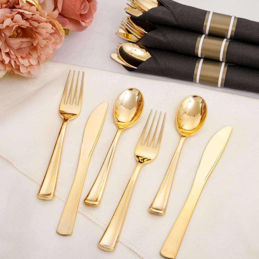 Supernal 60 Pack Pre Rolled Gold Plastic Silverware with Black Napkins - Heavy Duty Pre Wrapped Gold Cutlery Set Disposable - Elegant Plastic Forks, Spoons & Knives for Weddings, Parties, Catering