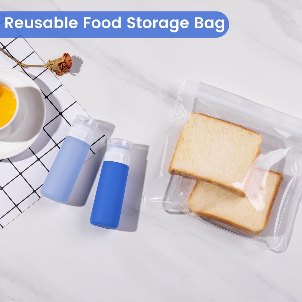 MICEBAY Condiment Squeeze Bottles for Sauces, 1-oz Mini Silicone Salad Dressing Container to Go with Snack Storage Bag, Leakproof Sauce Bottles for Lunch Box, 4 Pack, Blue