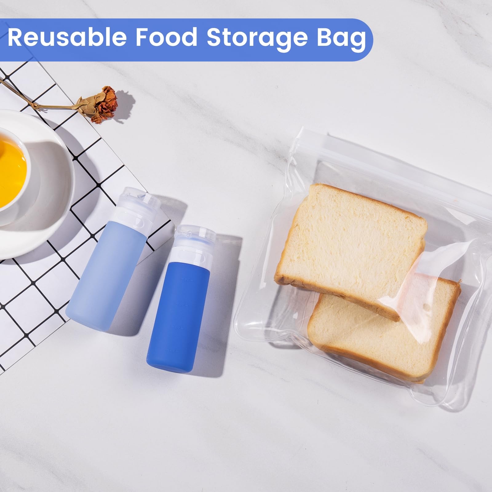 MICEBAY Condiment Squeeze Bottles for Sauces, 1-oz Mini Silicone Salad Dressing Container to Go with Snack Storage Bag, Leakproof Sauce Bottles for Lunch Box, 4 Pack, Blue