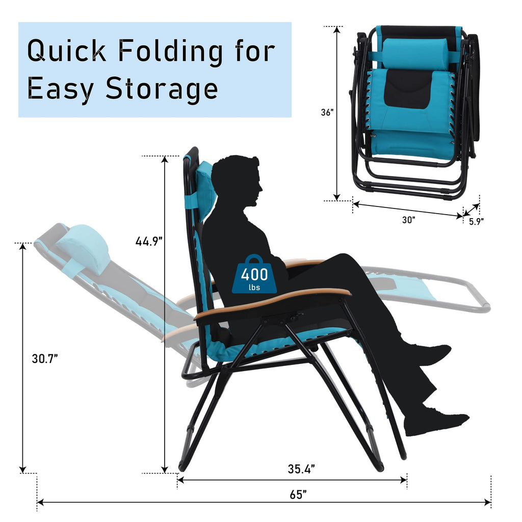 PHI VILLA XXL Oversized Padded Zero Gravity Chair Set of 2, Foldable Patio Recliner, 30" Wide Seat Anti Gravity Lounger with Armrest and Cup Holder, Support 400 LBS (Aqua Blue)