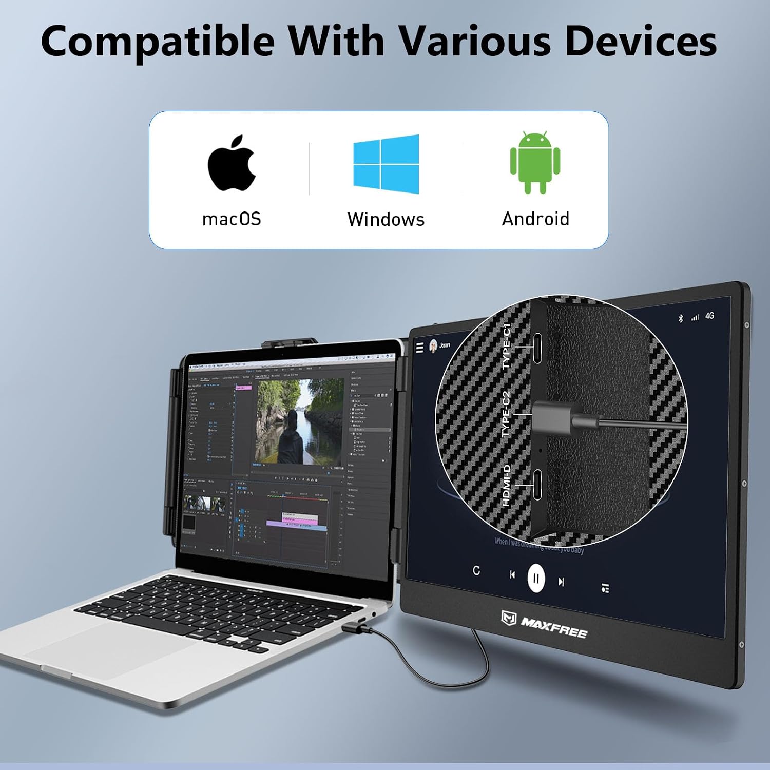 Maxfree Laptop Screen Extender, S1 14'' Laptop Monitor Extender Dual Screen Plug & Play, 1080P FHD Portable Monitor for 13.3-17'' Laptops, Compatible with macOS/Windows/Dex/Android/Switch/PS5