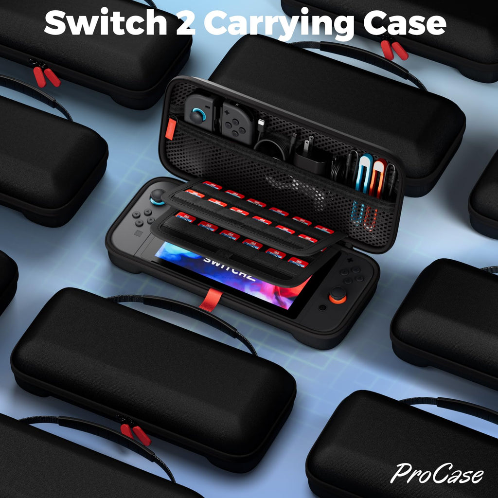ProCase Carrying Case for Nintendo Switch 2 (2025) with 24 Game Card Slots, Hard Portable Travel Case Storage Bag Protective Pouch for 2025 Nintendo Switch 2 Console AC Adapter & Accessories -Black,L