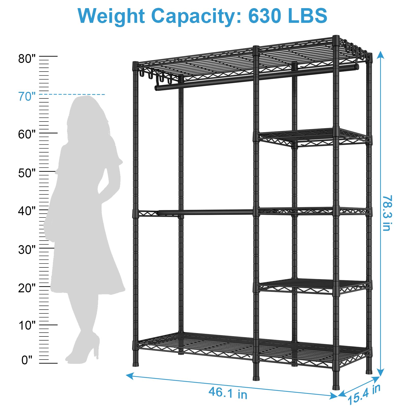 Ulif F2 Clothes Rack, 5 Tiers Heavy Duty Garment Rack for Bedroom, Freestanding Adjustable Closet Storage Organizer, 46.1" W x 15.4" D x 78.3" H, Load 630lbs, Upgraded Black