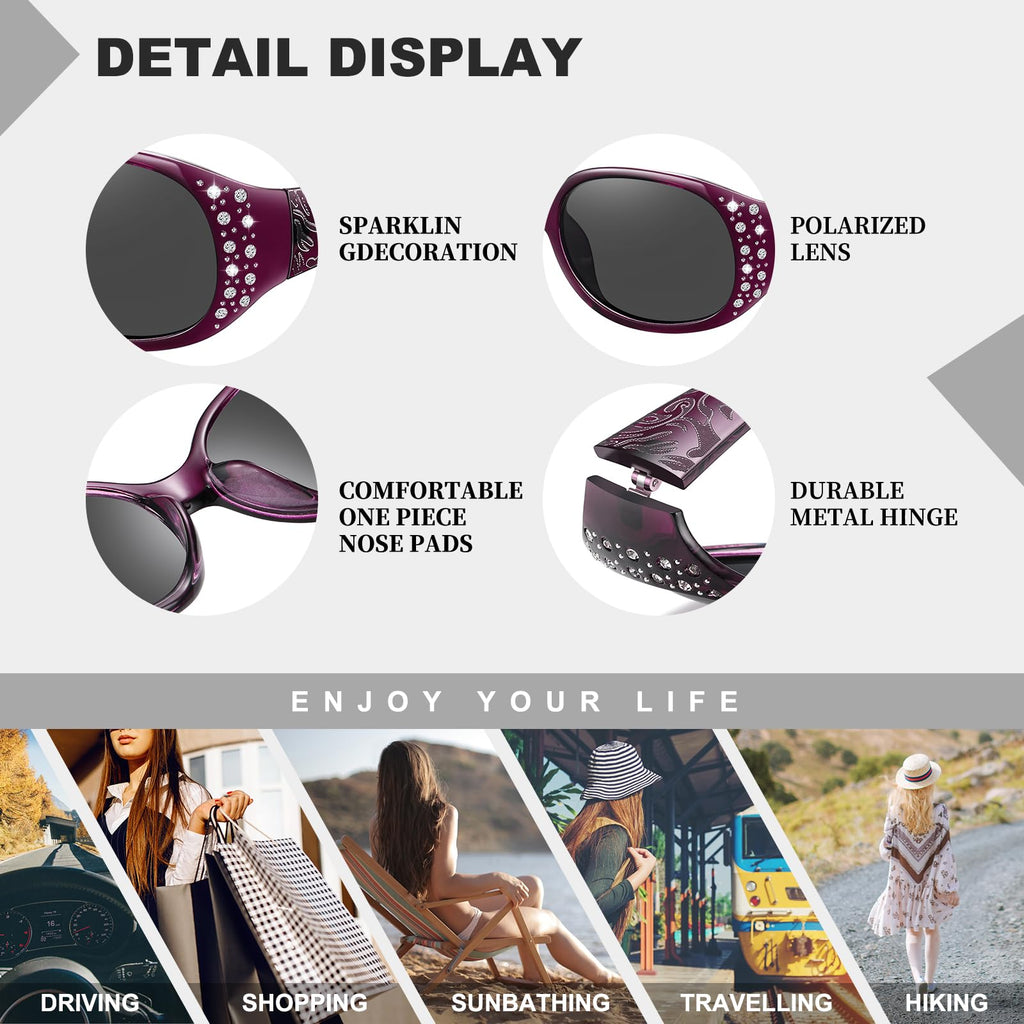 HAOLOTA Polarized Sunglasses for Women, Rhinestone Wrap Around Sunglasses with UV400 Protection