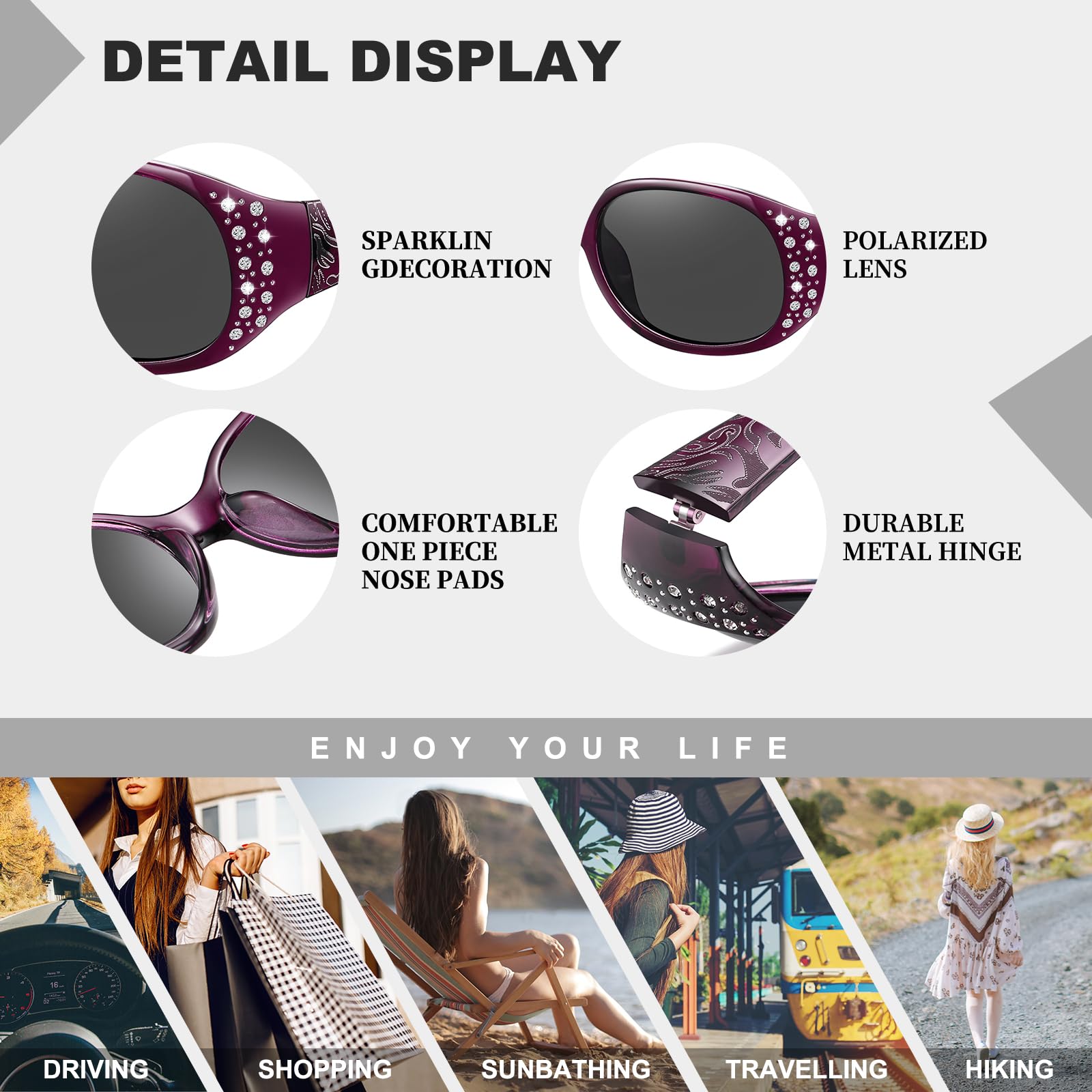 HAOLOTA Polarized Sunglasses for Women, Rhinestone Wrap Around Sunglasses with UV400 Protection