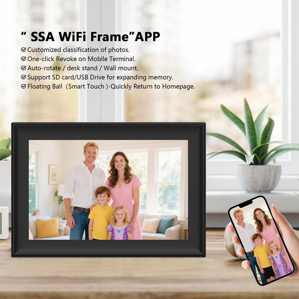 SSAWiFiFRAME Digital Picture Frame 10.1 inch WiFi Smart Photo Frame,1280 * 800 IPS Touchscreen Auto-Rotate, Built in 32GB Memory, 50 Photos /200MB Video Sharing via Free APP，Gift for Women/Mom