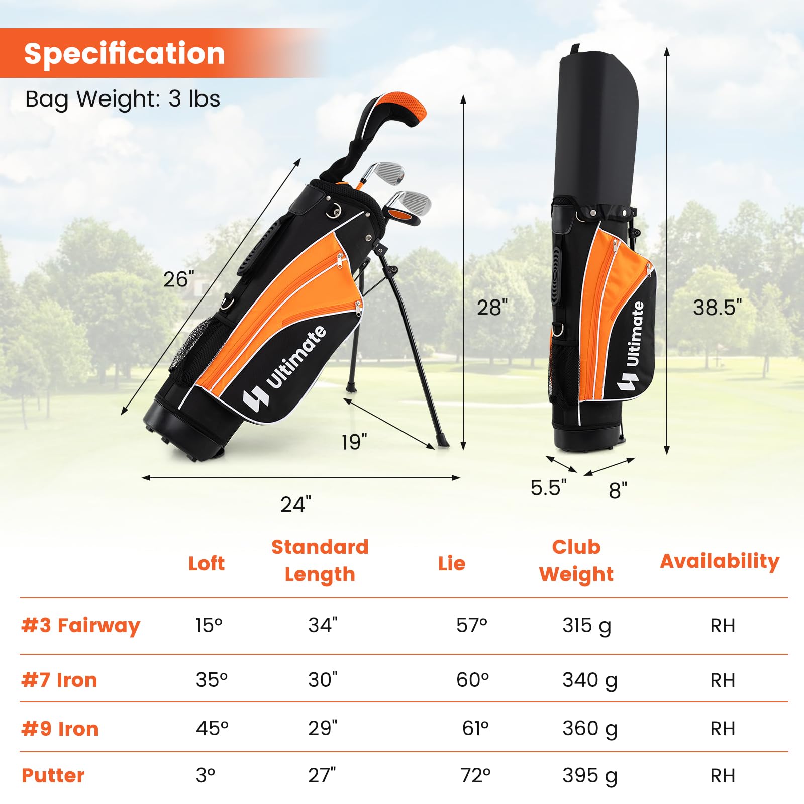 Tangkula Junior Golf Club Set for Children Right Hand, Includes #3 Fairway Wood & #7/#9 Irons, Putter, Head Cover & Rain Hood, Golf Stand Bag, Perfect for Children, Kids