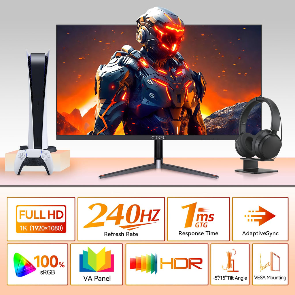 CUNPU 24 Inch 1080P 200Hz Gaming Monitor, FHD Fast IPS Panel, 124% sRGB 1ms HDR Zero-Frame Computer Monitor, Built-in Speaker, HDMI 2.1, DisplayPort 1.4, FreeSync & G-Sync, Tilt, VESA, Eye Care