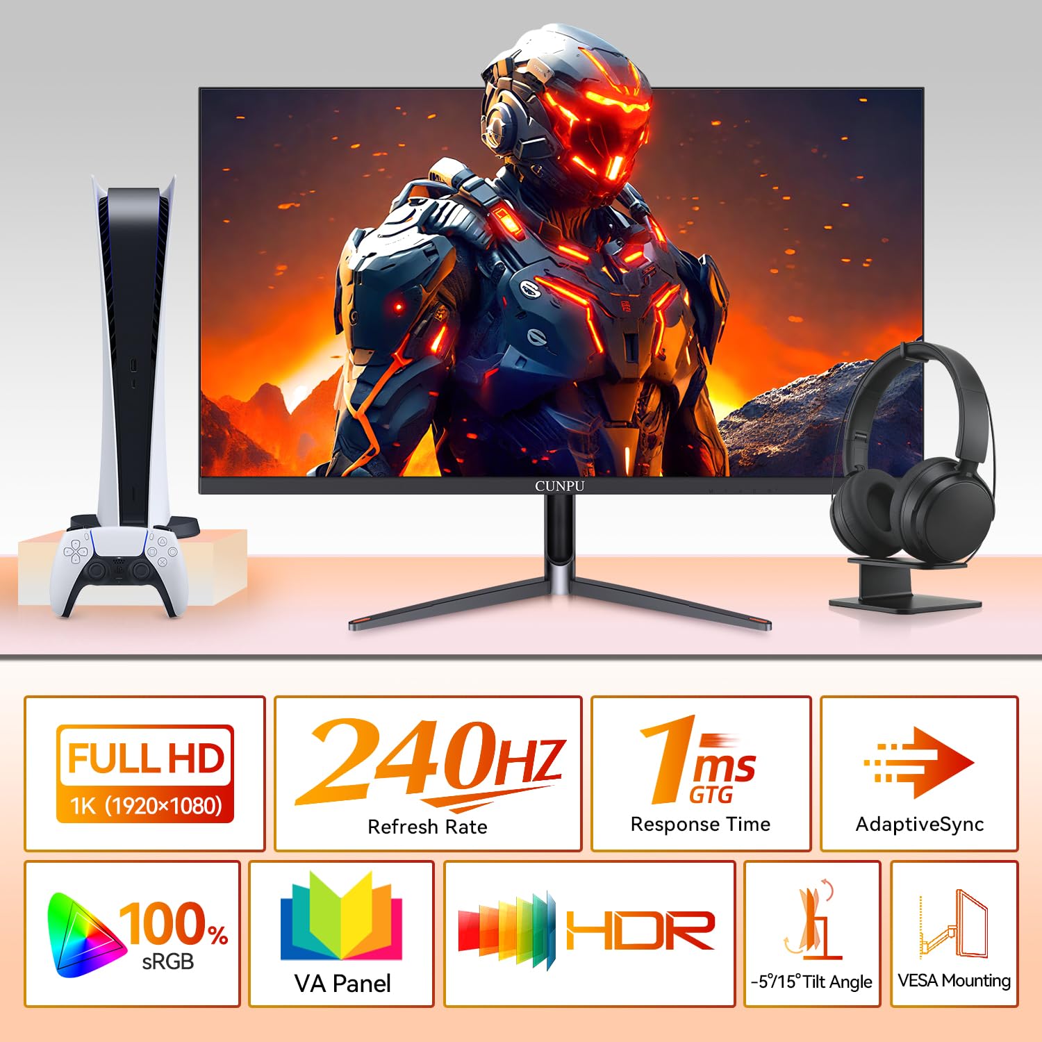 CUNPU 24 Inch 1080P 200Hz Gaming Monitor, FHD Fast IPS Panel, 124% sRGB 1ms HDR Zero-Frame Computer Monitor, Built-in Speaker, HDMI 2.1, DisplayPort 1.4, FreeSync & G-Sync, Tilt, VESA, Eye Care