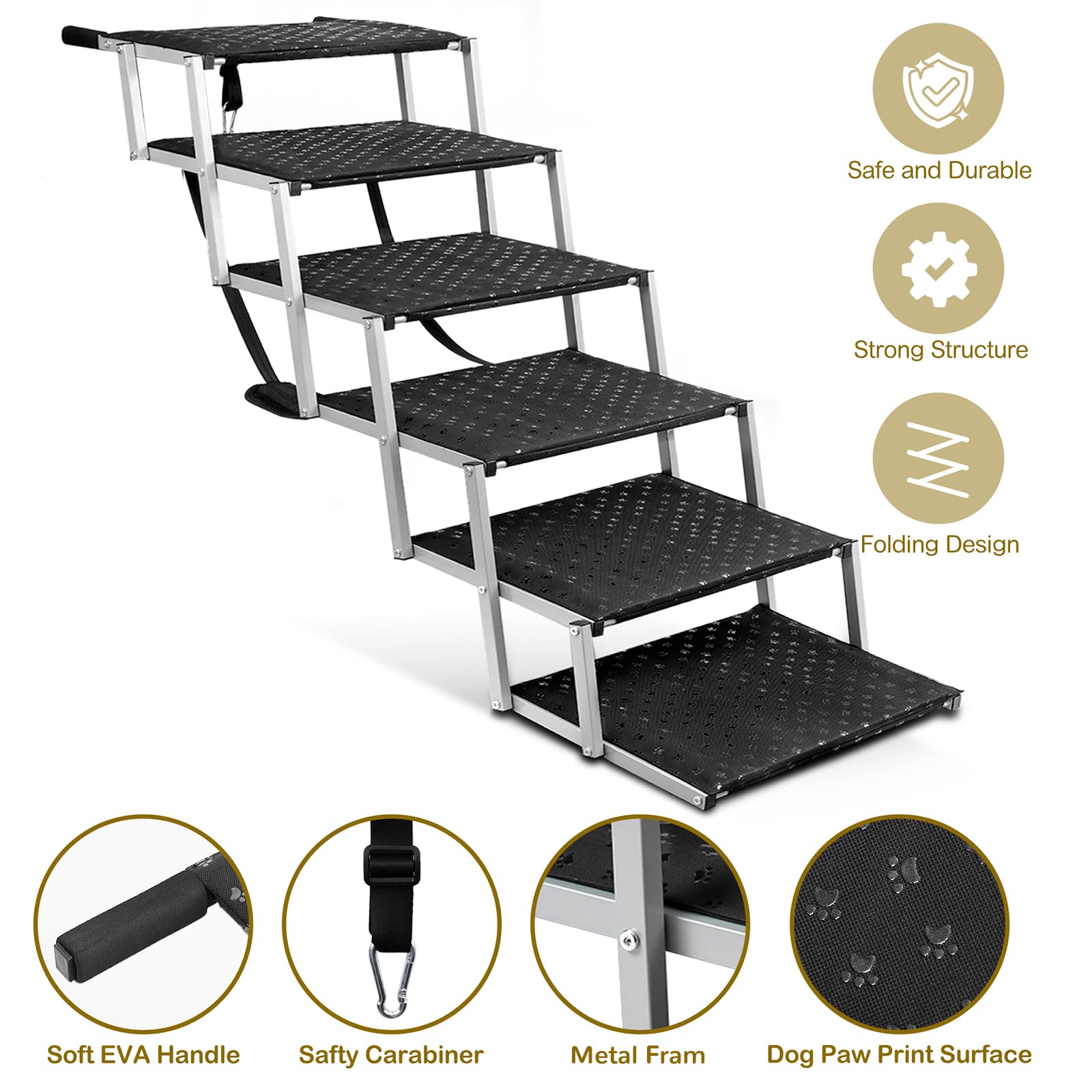 Dog Stairs for Car - Foldable Dog Ramps for Large Dogs with Non Slip Surface, Portable Dog Steps for Cars and SUV, Truck, Support Up to 200 Lbs