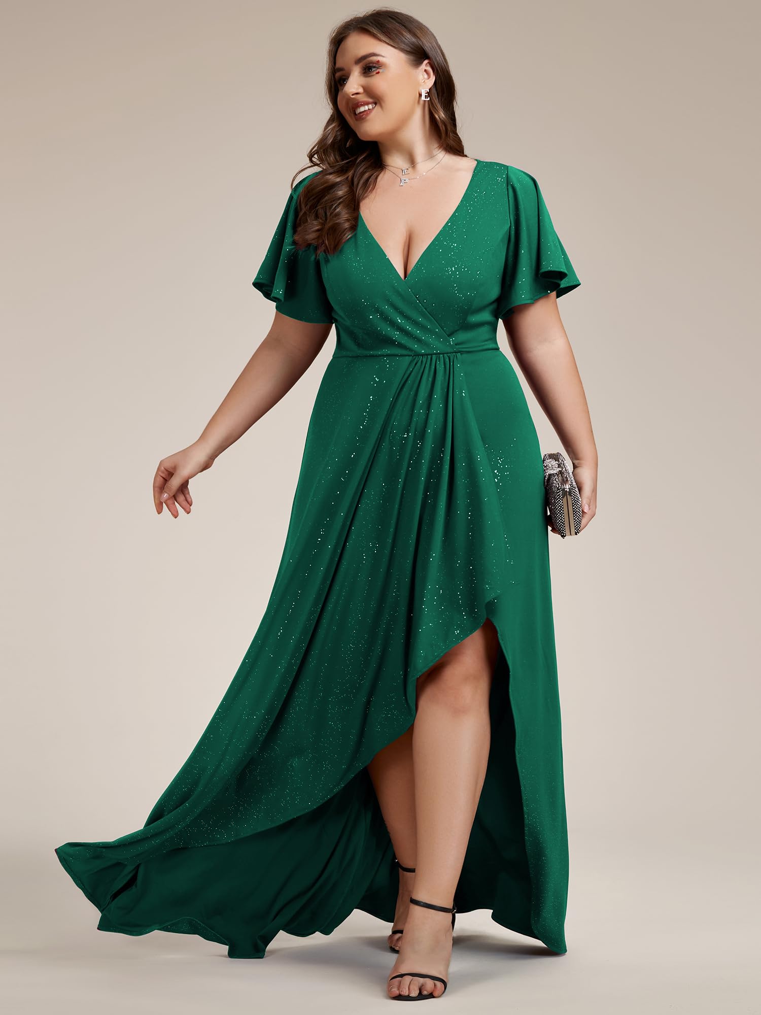 Ever-Pretty Glitter Formal Dresses for Cuvvy Women Plus Size A-line High Low Wedding Guest Gala Dress with Ruffles Sleeves