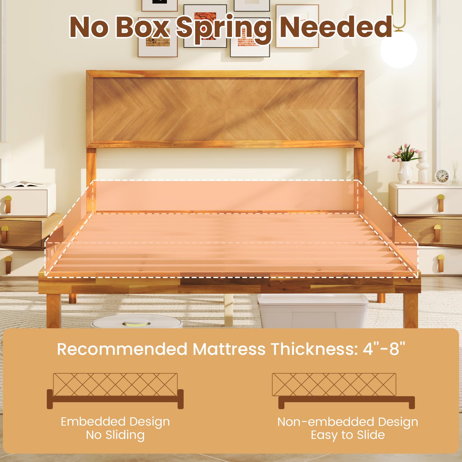 Giantex Wood Twin Bed Frames with Headboard, Solid Acacia Wood Platform Bed with 12 Strong Wooden Slat Support, Scandinavian Style Art Deco Twin Size Bed Frame, No Box Spring Needed, Rustic Brown