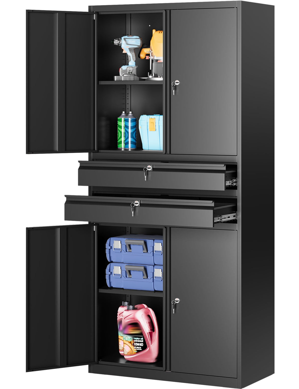 SISESOL Wide & Deep Metal Storage Cabinet with Wheels,Tall Rolling Garage Storage Cabinet with Lock,Black Metal Cabinets with Pegboards and Shelves,Tool Locker for Garage,Home,Office,43''Wx 20''Dx71"H