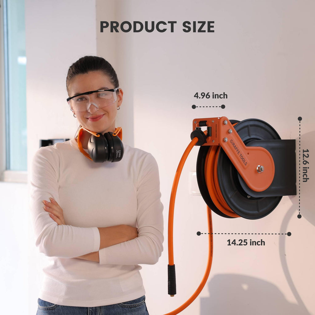 Giraffe Tools Retractable Air Hose Reel, 3/8" Hybrid Hose, Air Compressor Heavy Duty Steel Reel Auto Rewind 300PSI, Wall Mount, 25ft