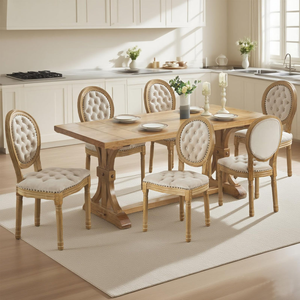 SoarFlash Linen French Dining Chairs Set of 2, Vantage Dining Chair with Round Back, Wood Leg Farmhouse Country Dining Chair for Living Room,Kitchen,Bedroom,Beige
