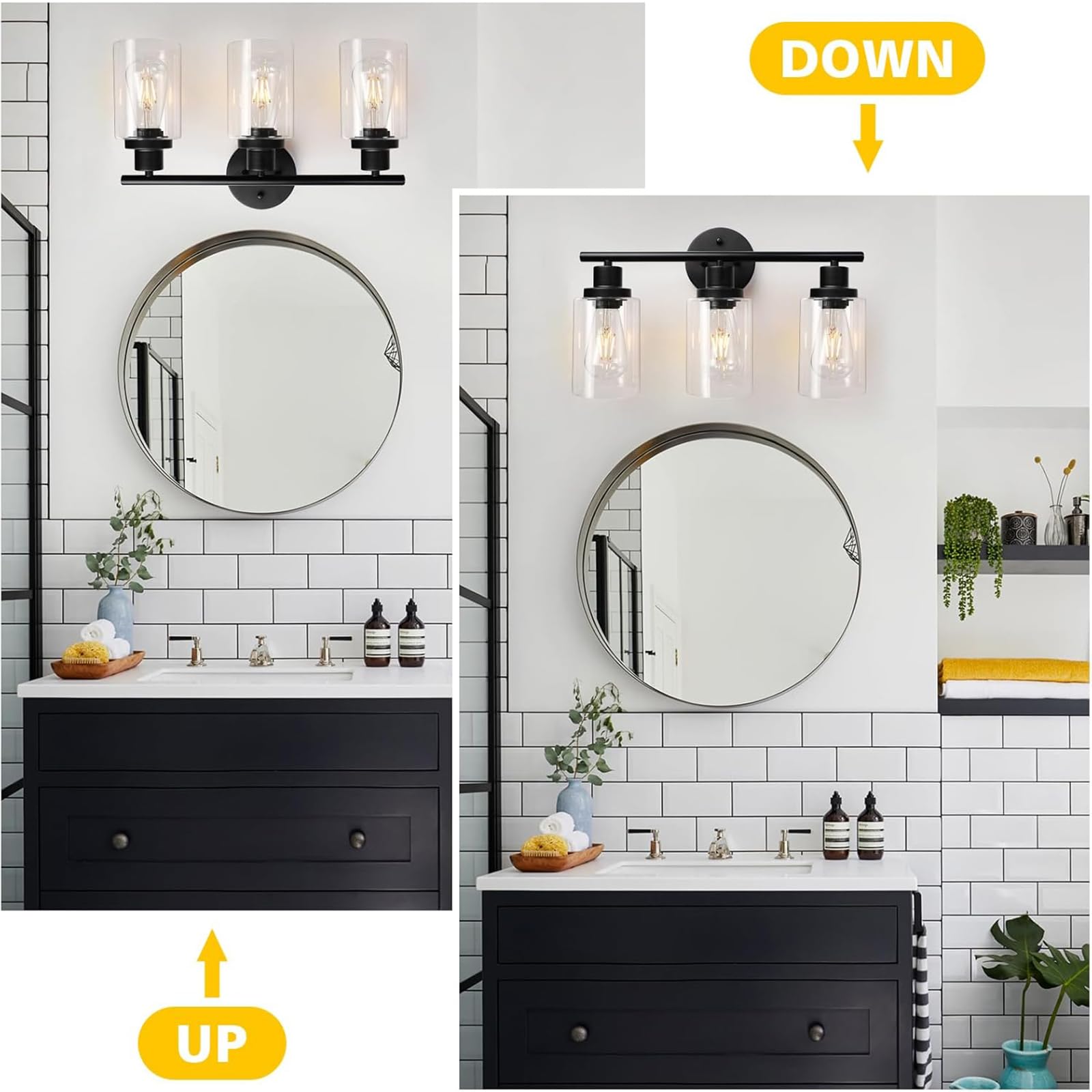 Unicozin 2 Pack Modern Bathroom Light Fixtures, 3 Light Vanity Lights, Black Wall Lamp with Clear Glass for Bathroom, Mirror, Living Room, Bedroom, Hallway, E26 Base