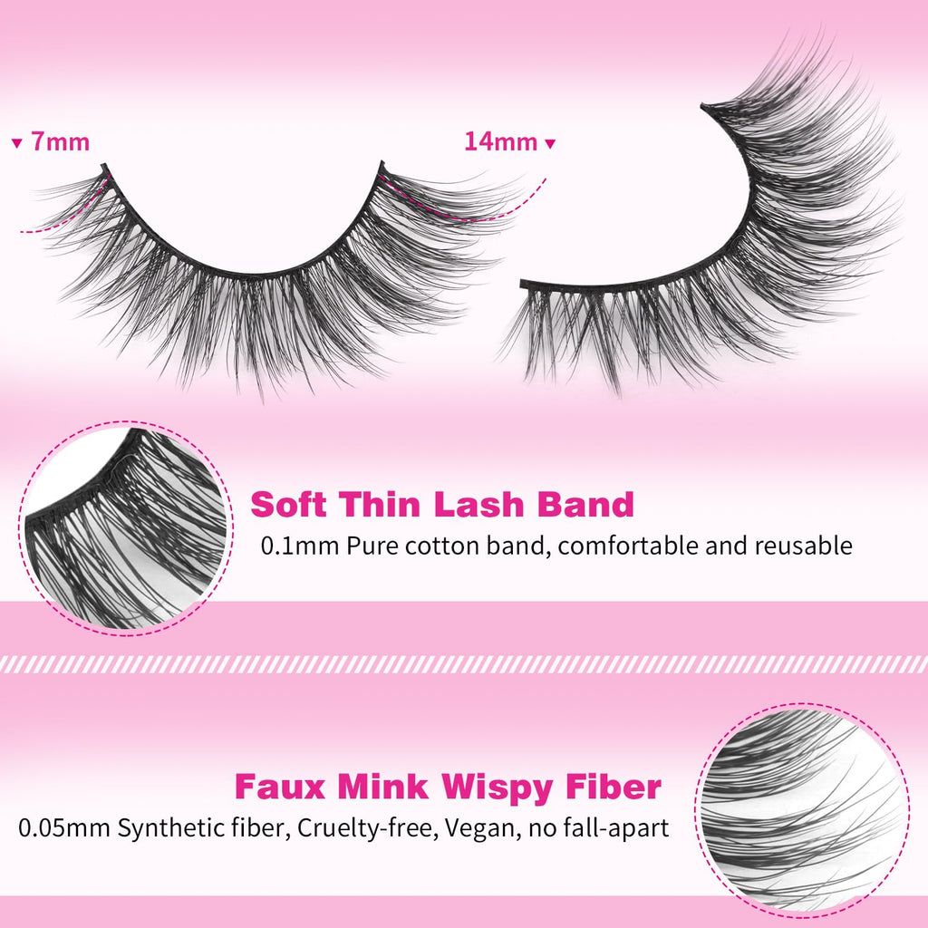 False Lashes Natural Look Wispy Eyelashes Manga Korean Spiky 16mm Short Faux Mink Eyelashes Cat Eye Natural Fake Eyelashes Strip Lashes Pack 14 Pairs
