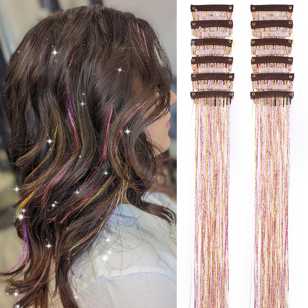Clip in Hair Tinsel, Pack of 12 Pcs 20 Inch,Glitter Tinsel Hair Extensions, Festival Tinsel Fairy Hair Extension Party Dazzle Hair Accessories Strands Kit for Women Girls(12Pcs,Black#)