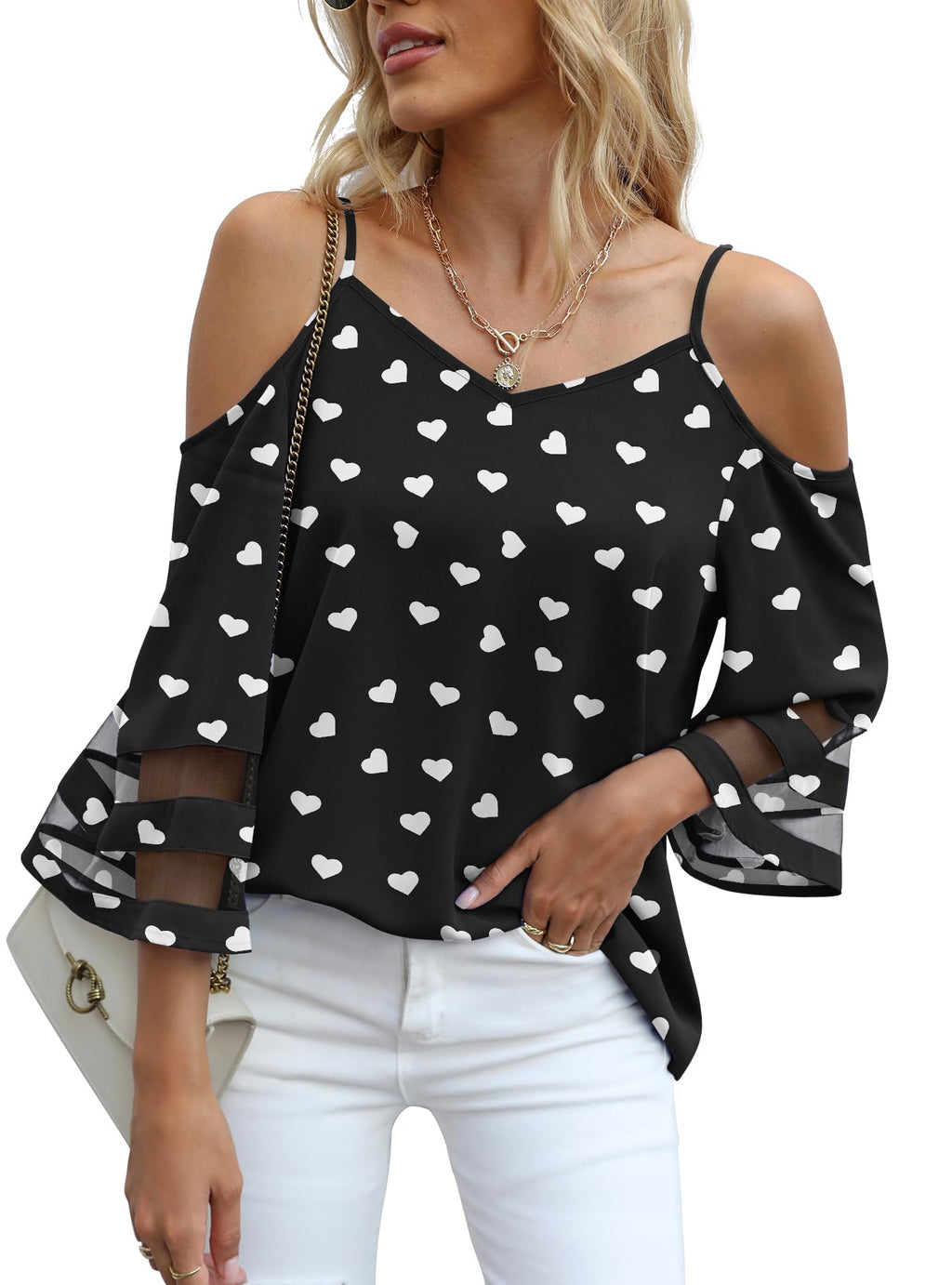 Jouica Womens Summer Cold Shoulder Tops Mesh Panel 3/4 Bell Sleeve Tees Adjustable Spaghetti Strap Loose Fit Shirts