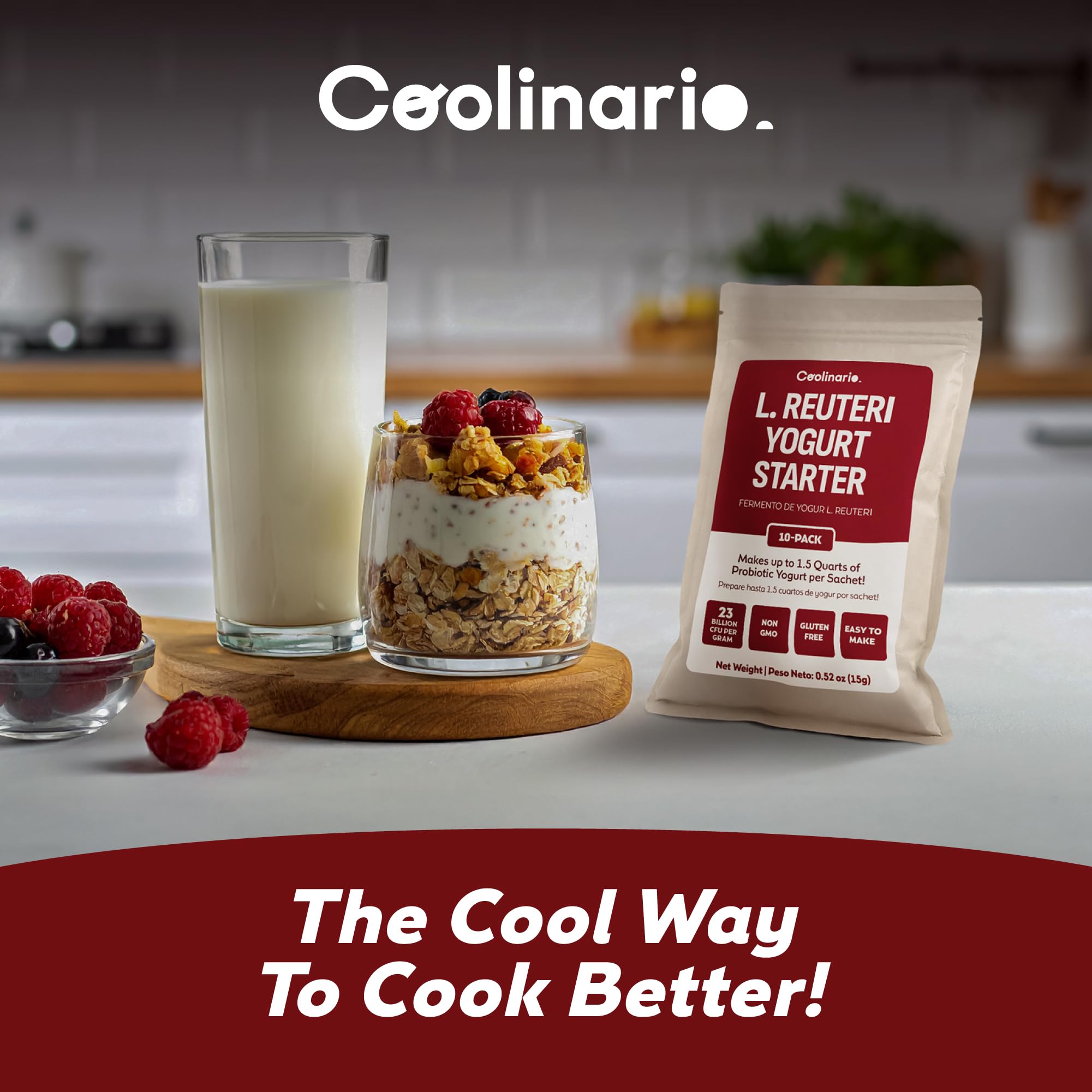 Coolinario L Reuteri Yogurt Starter (10-PK, 1.5g Sachets) Reuteri Probiotic | Yogurt Starter Culture with Lactobacillus Reuteri Probiotics, Non-GMO, No Preservatives, Gluten Free, Creamy & Delicious