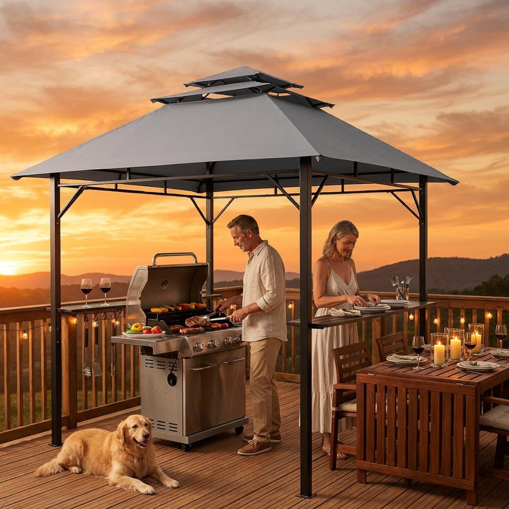 Yaheetech 8x5' Grill Gazebo, 3-Tier Outdoor BBQ Gazebo with Height-Adjustable Shelves & 10 S-Shaped Hooks & Built-in Bottle Opener, Brown