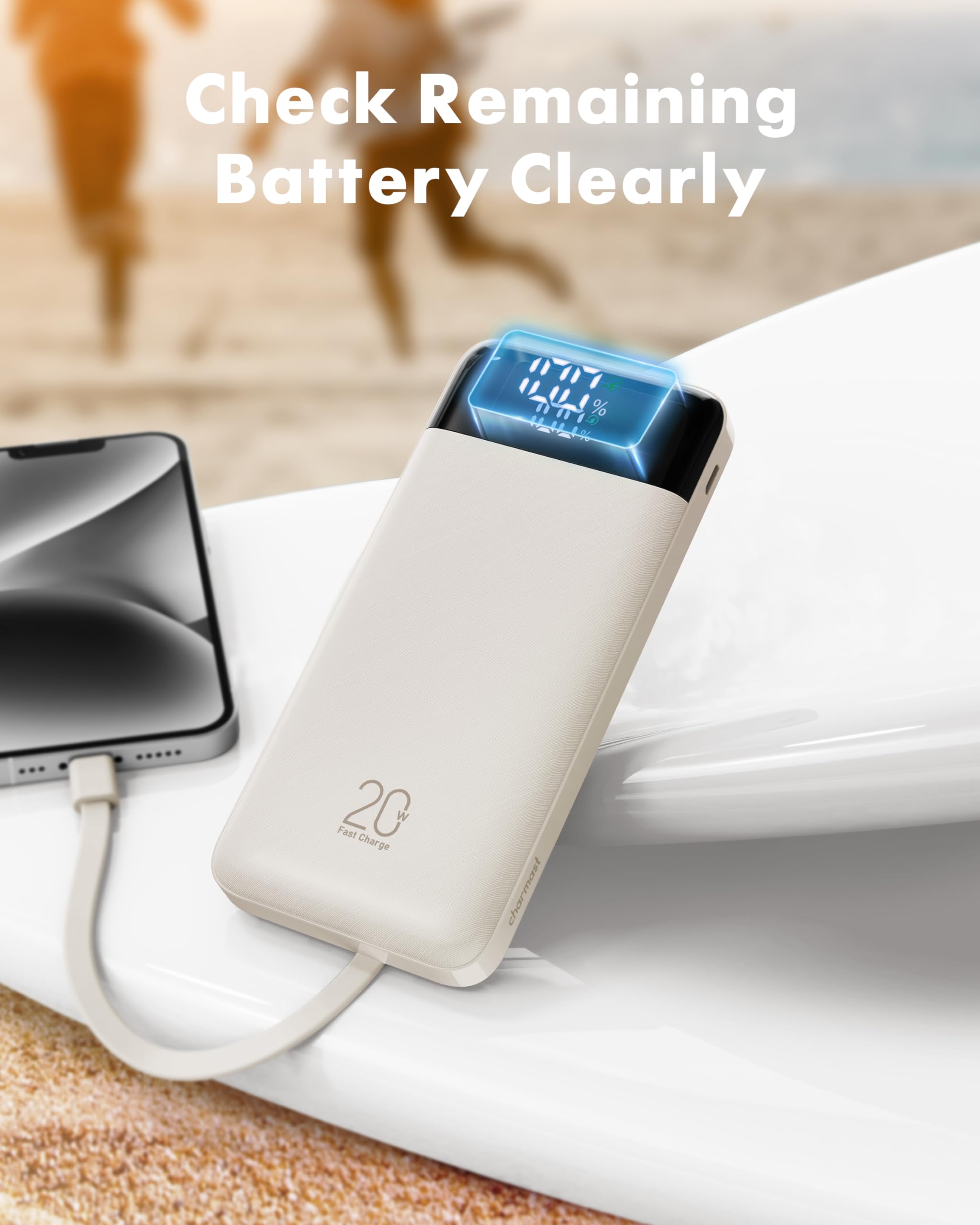 charmast 20000mAh Portable Charger with Built in Cables, 22.5W Travel Power Bank Fast Charging, USB C Cell Phone Battery Pack for iPhone 17/16/15/14/13/12 Series, iPad, Samsung, Android, Tablet